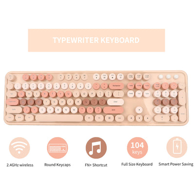 Tastatur Maus Set Kabellos, 2.4GHz tastatur kabellos mit abnehmbaren runden Tastenkappen, Niedliche 104 Tasten Milchtee Tastatur und Maus für Office Home Gaming