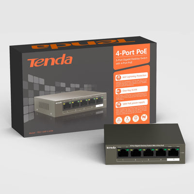 Tenda Gigabit PoE Switch 5 Ports mit 4 PoE+ Ports & 1 Uplink-Port (58W, VLAN, IEEE-802.3af/at PoE, lüfterlos, Plug-and-Play, Metallgehäuse) (TEG1105P-4-63W)