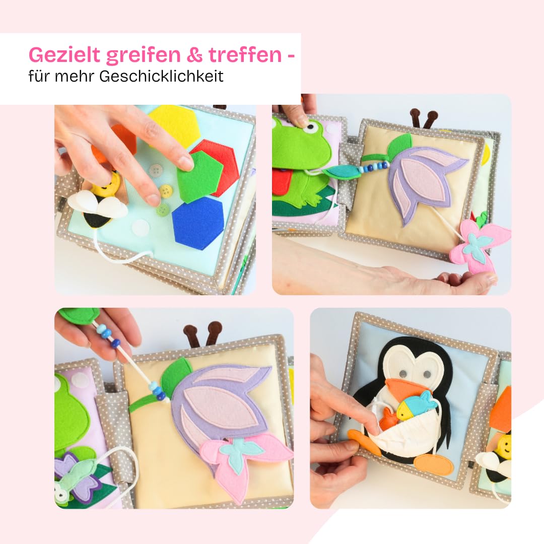 Jolly Designs – Mini Quiet Book Schillernder Papagei – Montessori Spielzeug ab 6 Monaten – Motorik & Sensorik fördern – Busy Book aus Filz – Handgefertigtes Filzbuch – Perfekt für unterwegs