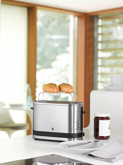WMF Küchenminis 1-Scheiben Toaster Langschlitz XXl-Toast, Mini Toaster mit Brötchenaufsatz 7 Bräunungsstufen Überhitzungsschutz 600W Edelstahl matt
