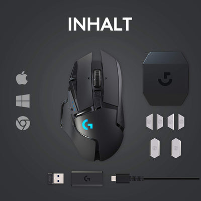 Logitech G502 LIGHTSPEED kabellose Gaming-Maus mit HERO 25K DPI Sensor, Wireless Verbindung, USB-Anschluss, RGB-Beleuchtung, Gewichtstuning, POWERPLAY-kompatibel, PC/Mac - Schwarz