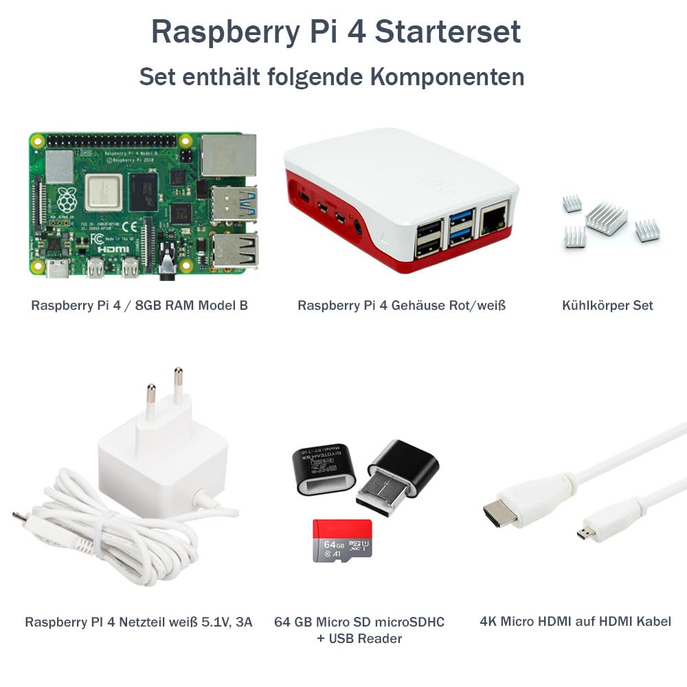 Raspberry Pi 4 8GB Starter-Set | 64GB SD Karte | USB-C Netzteil 15W | Gehäuse | 4K Micro HDMI Kabel | Kühlkörper Set | Raspberry Pi 4 Model B 8GB RAM