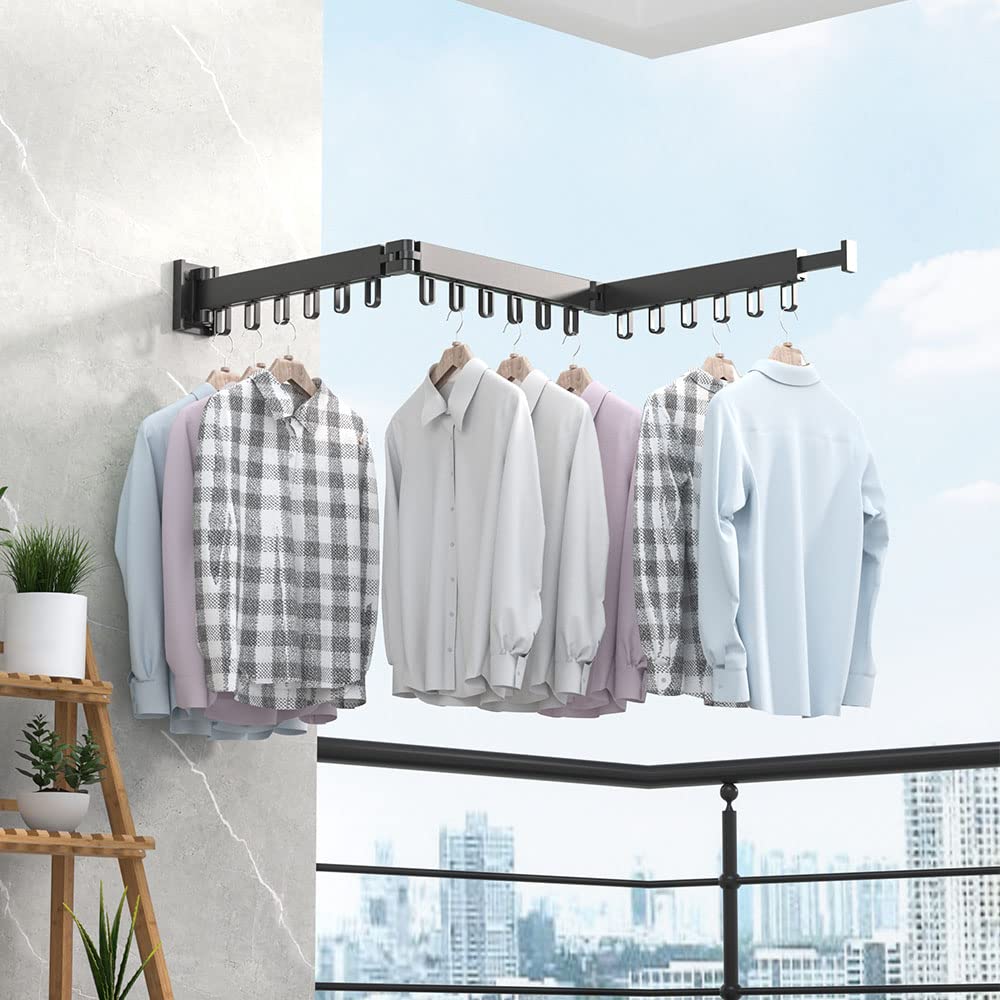 Wäscheständer zur Wandmontage, einziehbarer Kleiderständer mit Haken, 360° drehbar, dreifach zusammenklappbar, Wäscheständer für Balkon, Wäsche, Badezimmer (schwarz)