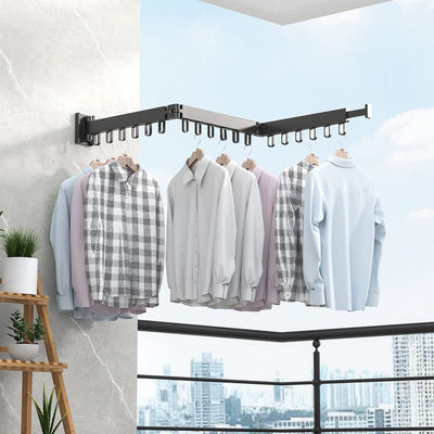 Wäscheständer zur Wandmontage, einziehbarer Kleiderständer mit Haken, 360° drehbar, dreifach zusammenklappbar, Wäscheständer für Balkon, Wäsche, Badezimmer (schwarz)