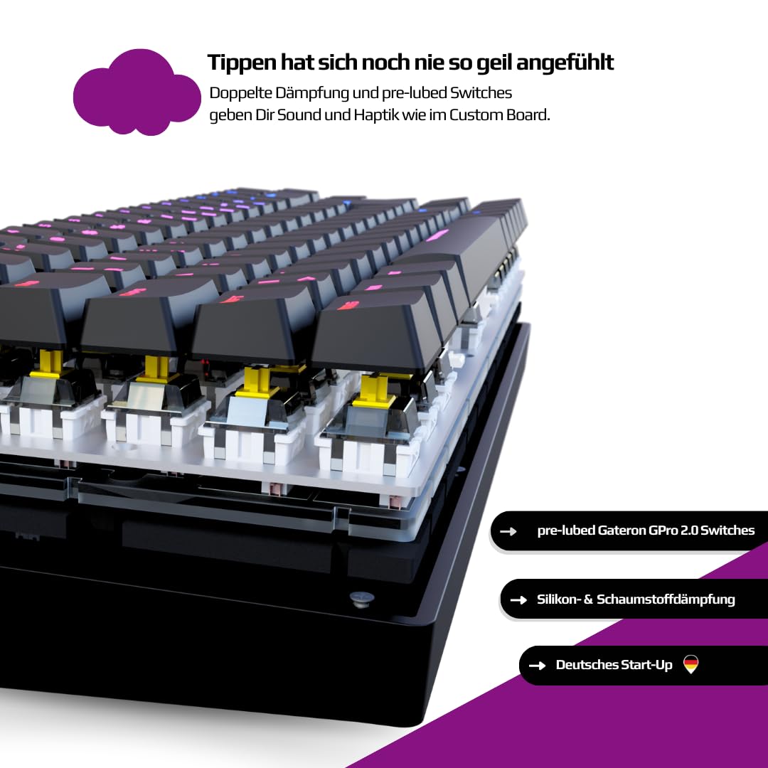 Nyfter - 60% Gaming Keyboard - NYFBOARD GEN2 Gaming Computer Tastatur mit Gateron Yellow Switches - HOT-SWAPPABLE Deutsches Tastatur QWERTZ mechanisch RGB keyboard ISO-DE Layout für Gamer (Black, 60%)