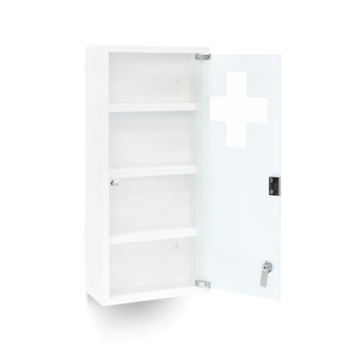 Relaxdays Medizinschrank EMERGENCY XXL Medikamentenschrank Metall und Glas Apothekerschrank fürs Bad HxBxT 57 x 27 x 12 cm mit magnetischer Glas-Tür 4 Ablagen für Medikamente und Verbandszeug, weiß
