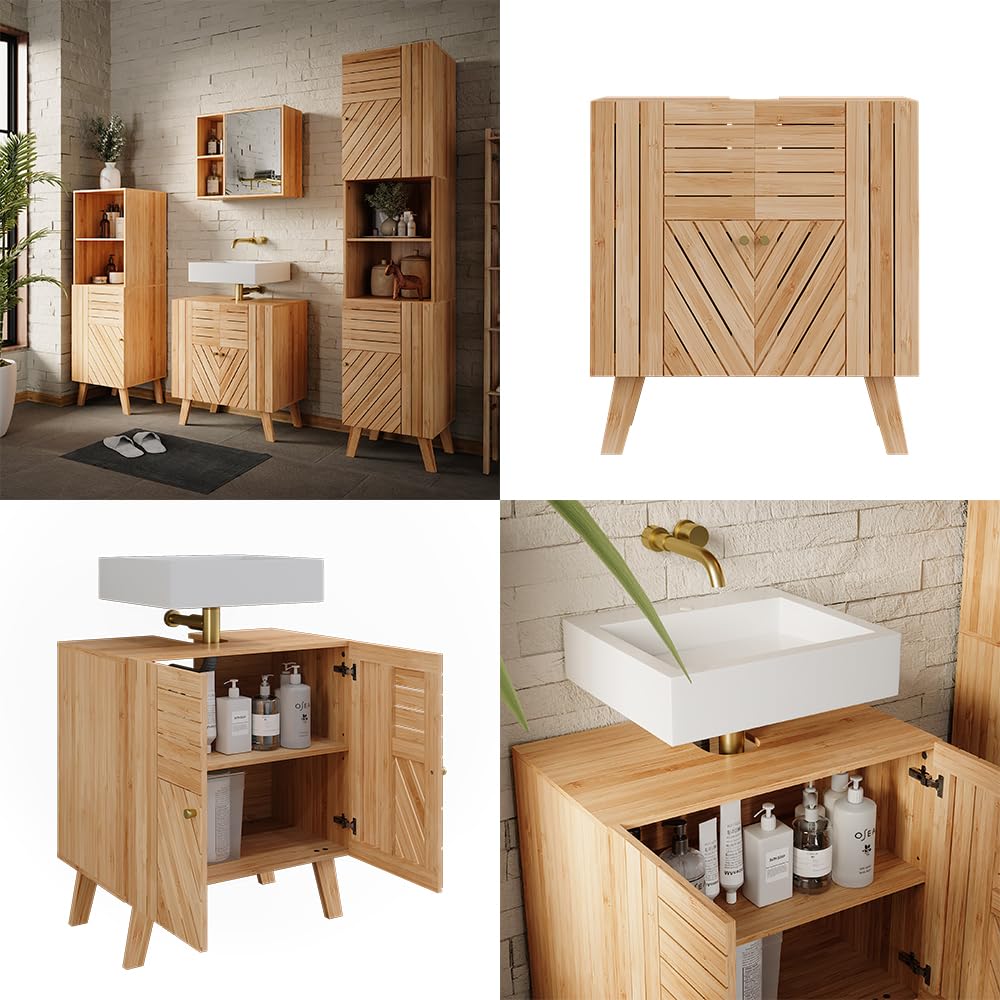 Vicco Waschbeckenunterschrank Lucie, Bambus, 60 x 65 cm mit 2 Türen