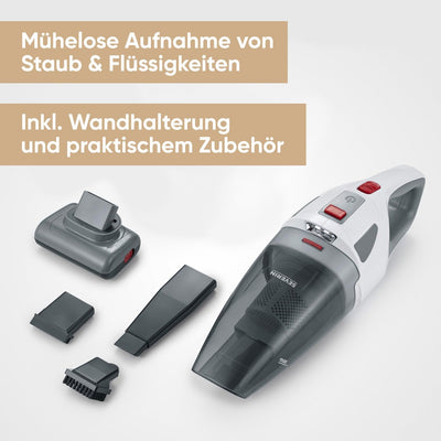 SEVERIN 4-in-1 Akku-Handstaubsauger, kabelloser Nass- & Trockensauger für Autositze, Handsauger für Tierhaare & Flüssigkeiten, bis zu 30 Min Laufzeit, weiß-grau/rot, HV 7146