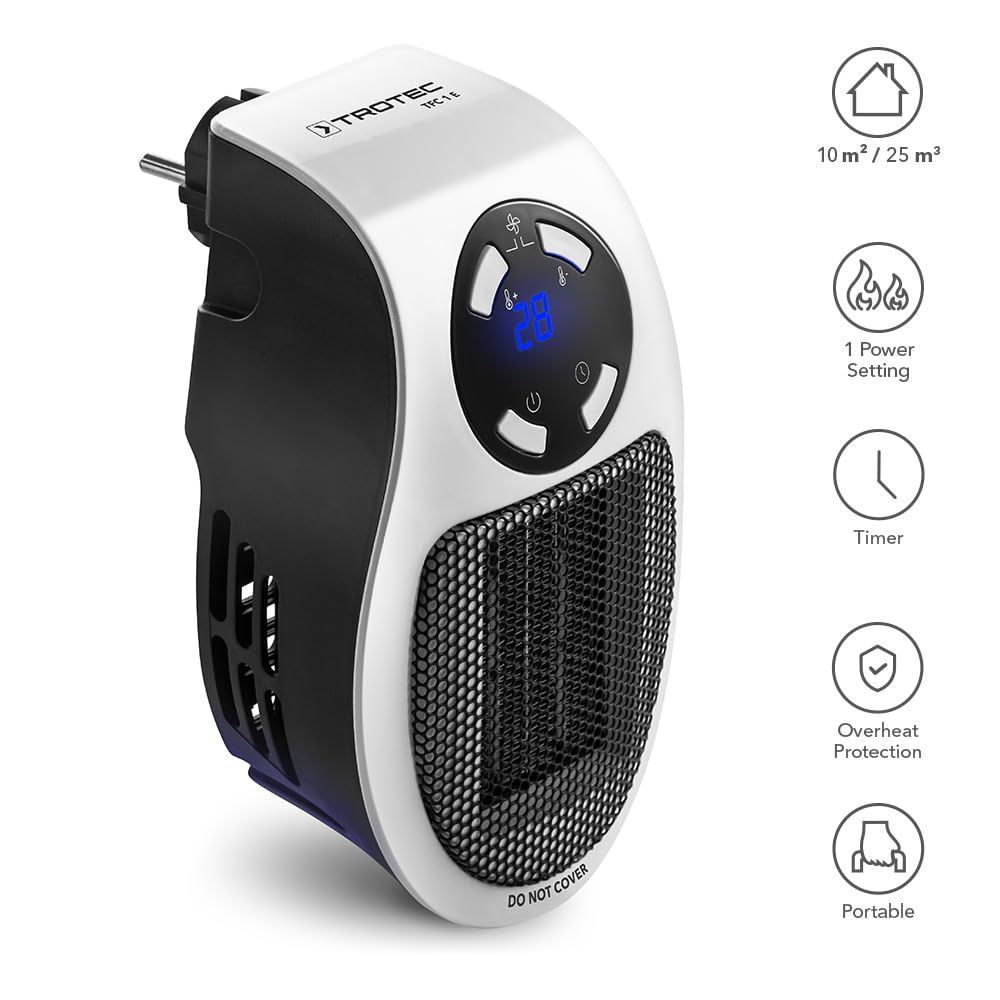 TROTEC Steckdosen Heizlüfter TFC 1 E – Heizleistung 500 W – mini Keramik Heizung, für Räume bis 10 m² / 25 m³, weiß