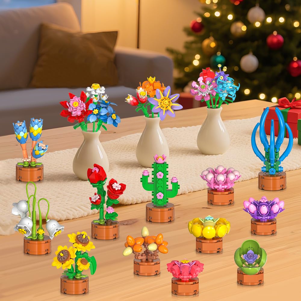 HOGOKIDS Adventskalender 2025 Blumen 3.6 Mini Bausatz - 24 Tage Weihnachten Countdown Sukkulenten Botanische Bauspielzeug, Adventskalender Bausteine Geschenk für Erwachsene Kinder Jungen Mädchen 6+