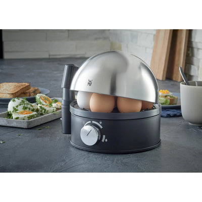 WMF Set 3-teilig Eierbecher Set 6 Stück, stapelbar und Gourmet Eierschneider Edelstahl poliert 15 x 11 cm und Stelio Eierkocher Edelstahl, 1 Ei - 7 Eier, 380 Watt, Härtegradeinstellung