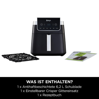 Ninja Air Fryer Heißluftfritteuse MAX PRO, 6,2L Airfryer, Antihaftbeschichtung, spülmaschinenfester Korb und Crisper Gittereinsatz, Fritteuse ohne Öl, digital, Kochen aus dem Gefrorenen, Grau, AF180EU