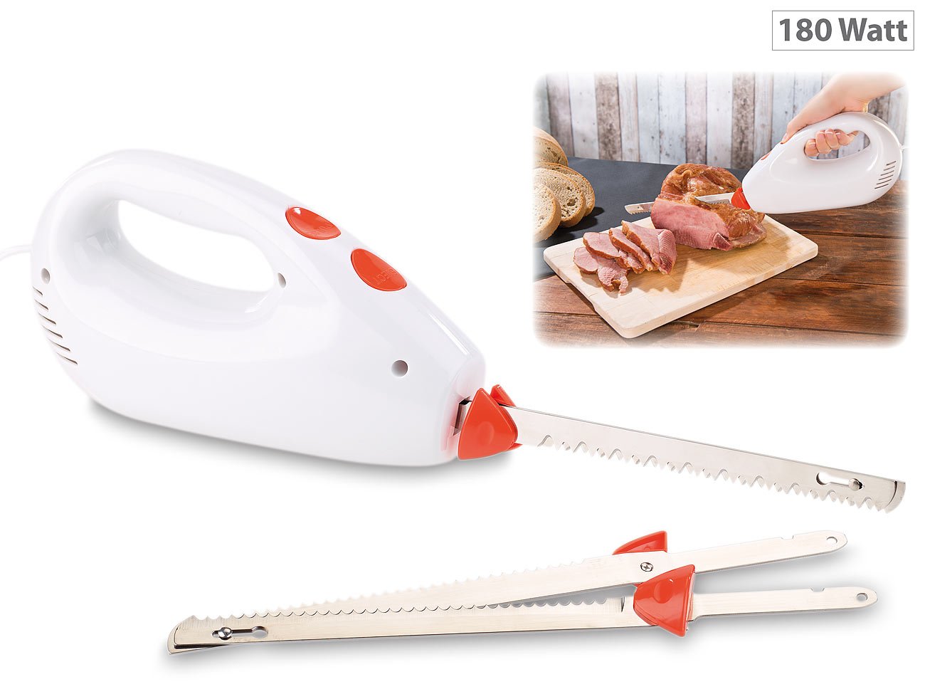 Rosenstein & Söhne Elektrisches Messer: Elektromesser mit 2 Edelstahl-Doppelklingen & Sicherheitssystem, 180 W (Elektrisches Küchenmesser, Elektromesser Gastronomie, Döner)