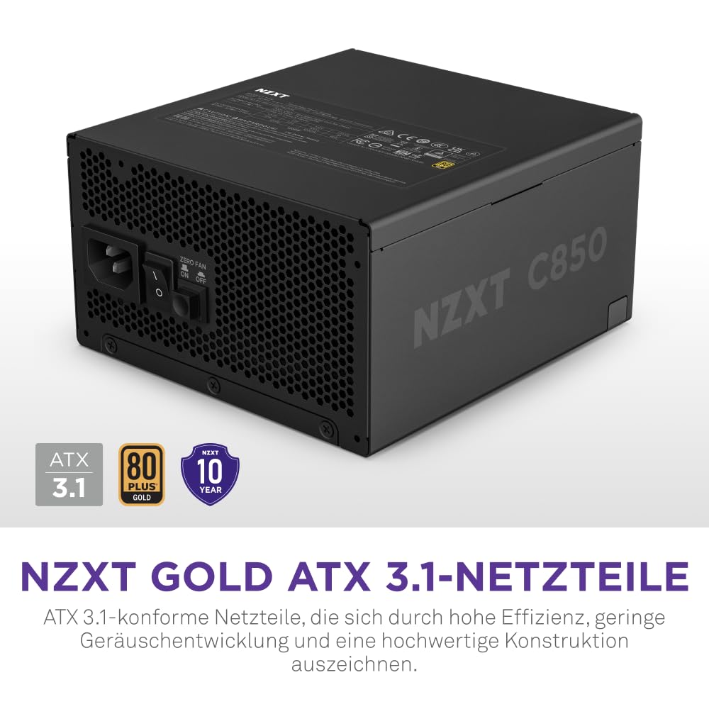 NZXT C850 Gold ATX 3.1 - Vollständig modulares, geräuscharmes PC-Gaming-Netzteil - 850 Watt - 80 PLUS Gold - 12V-2x6-Anschluss - Zero Fan-Modus - 100 % japanische Kondensatoren - Schwarz
