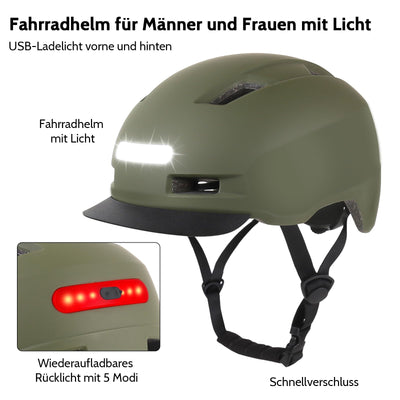 Shinmax Fahrradhelm Herren Damen, Helm Fahrrad mit USB Licht 5 Modi Fahrradhelm mit Visier, Mountainbike Helm Rennradhelm Erwachsen für Scooter Urban Pendler Green M