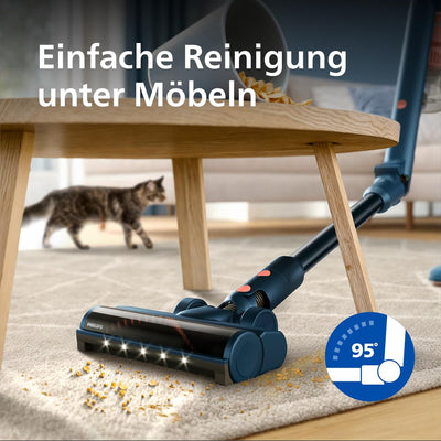 Philips Kabelloser Staubsauger 5000 Series Flex, Starke Saugkraft, 60 Min. Laufzeit, Düse mit LED-Beleuchtung, Tierhaar-Düse, Fugendüse und Kombi-Zubehör, Display, Austauschbarer Akku (XC5243/10)