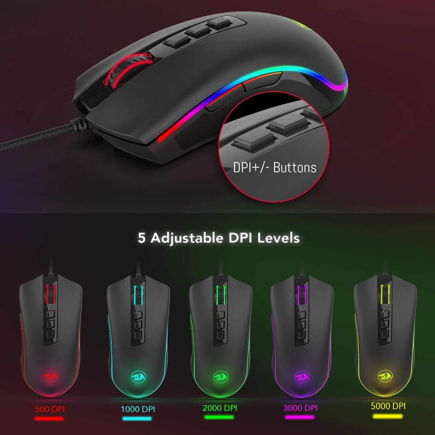 Redragon M711 Cobra Gaming Maus mit 16,8 Millionen RGB-Farben und Hintergrundbeleuchtung, 10.000 DPI Einstellbar, Komfortabler Griff, 7 Programmierbare Tasten, Schwarz