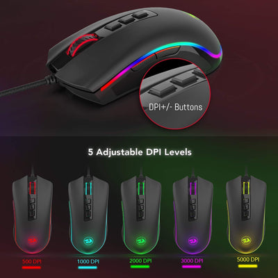 Redragon M711 Cobra Gaming Maus mit 16,8 Millionen RGB-Farben und Hintergrundbeleuchtung, 10.000 DPI Einstellbar, Komfortabler Griff, 7 Programmierbare Tasten, Schwarz