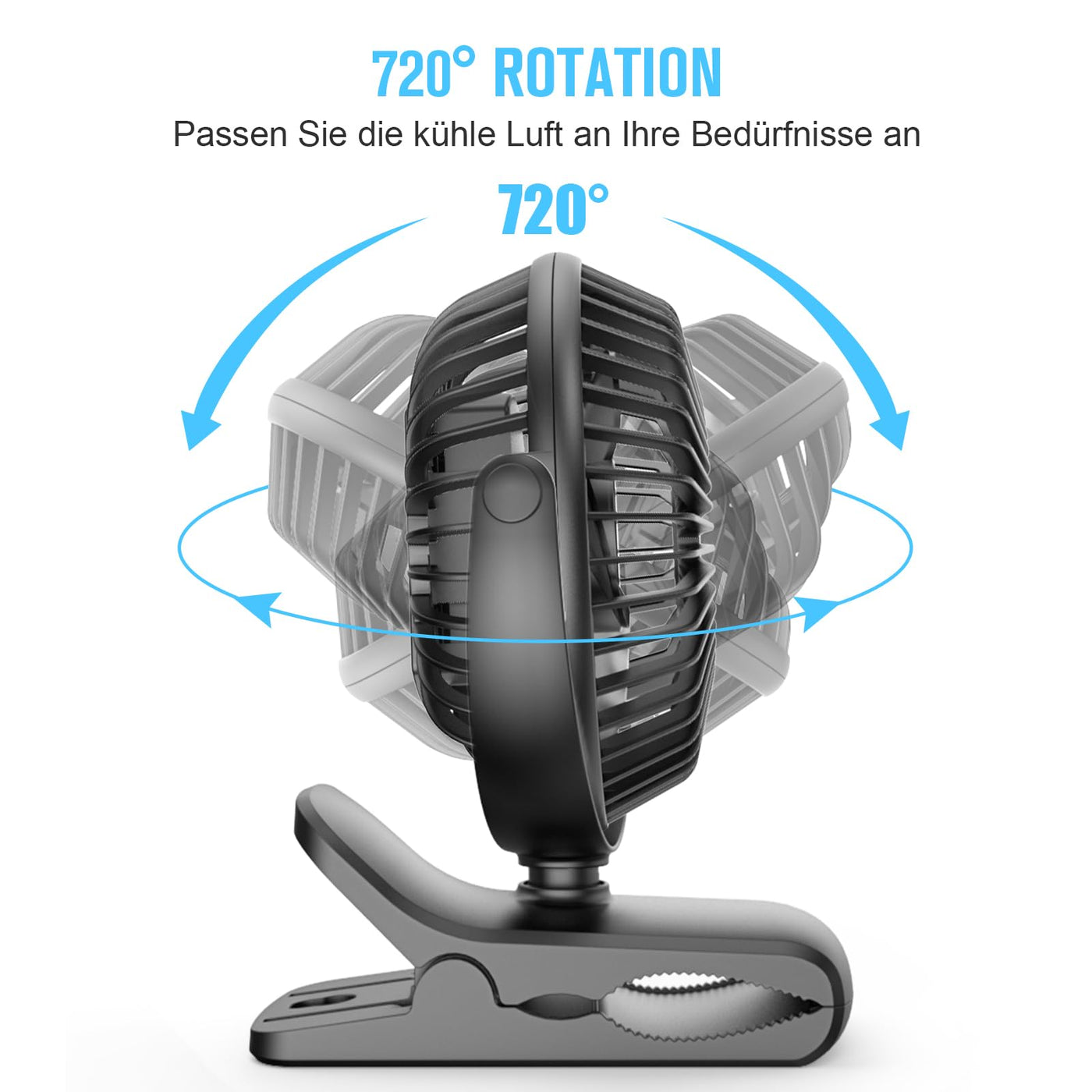 HONYIN Mini Ventilator mit Clip, 720 Grad Drehung Kleiner USB Ventilator, Starke + Stabile Klammer, 3 Geschwindigkeitsstufen, Ideal als Tischventilator im Büro und Schlafzimme