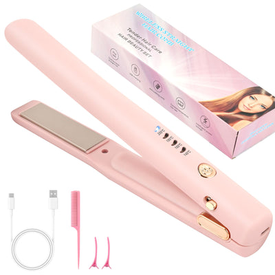 Alaoo Glätteisen Kabellos,2 in 1 Haarglätter und Lockenwickler, 4. Gang Haarglätter mit einstellbarer Temperatur,Glatteiseisen kleines,Tragbarer Reise-Haarglätter, Für alle Haartypen geeignet(Rosa)