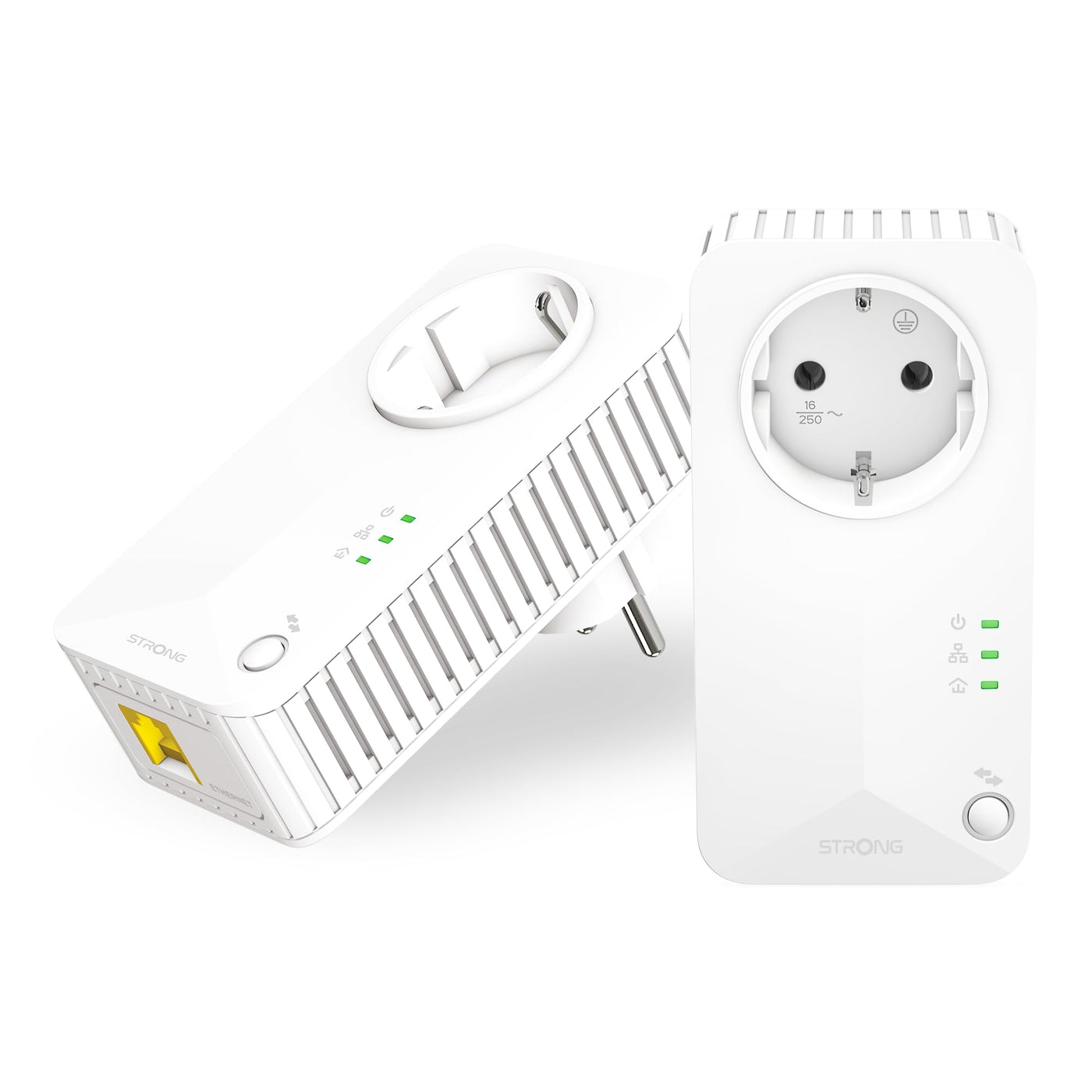 STRONG | Powerline 600 Duo EU Set | 2 Powerline-Adapter 600 Mbps | Fast-Internetzugang | integrierte Steckdose | 300 m Reichweite | Für alle Router | LAN-Anschluss | Easy-Installation | weiß