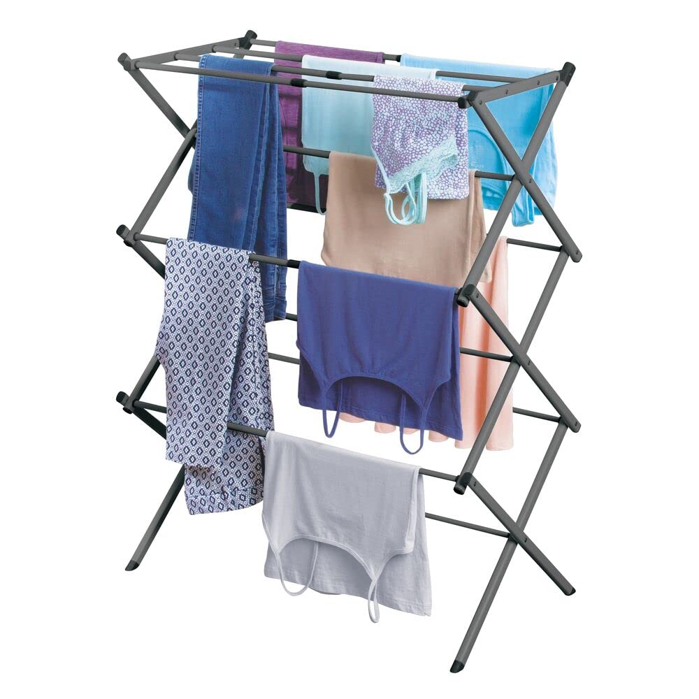 mDesign ausziehbarer Turmwäscheständer – Wäscheständer aus Metall mit 3 Ebenen – platzsparender Standtrockner für Wäscheküche, Garten oder Haushaltsraum – dunkelgrau