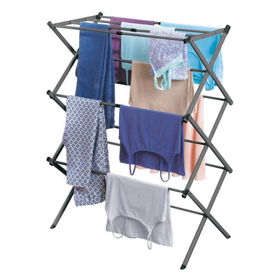 mDesign ausziehbarer Turmwäscheständer – Wäscheständer aus Metall mit 3 Ebenen – platzsparender Standtrockner für Wäscheküche, Garten oder Haushaltsraum – dunkelgrau