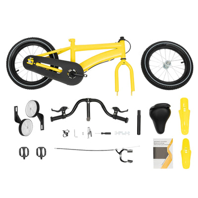 WAPHOERTE 14-Zoll-Kinderfahrrad Anfängerfahrrad mit Stützrädern, Trainingsfahrzeug für 2-4-Jährige Jungen und Mädchen, Höhenverstellbar, Maximal zulässiges Gewicht 50 kg, Gelb + Schwarz