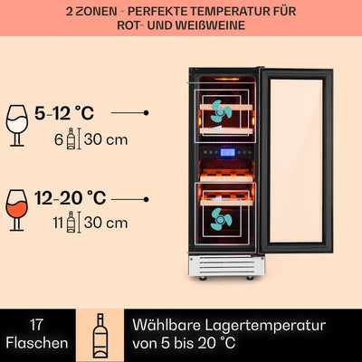 Klarstein Weinkühlschrank 2 Zonen, 53L Getränkekühlschrank, Kleiner Einbau-Weinschrank Schmal, Wein-Kühlschrank mit Glastür, Indoor/Outdoor Flaschenkühlschrank, Wine Fridge für 17 Flaschen