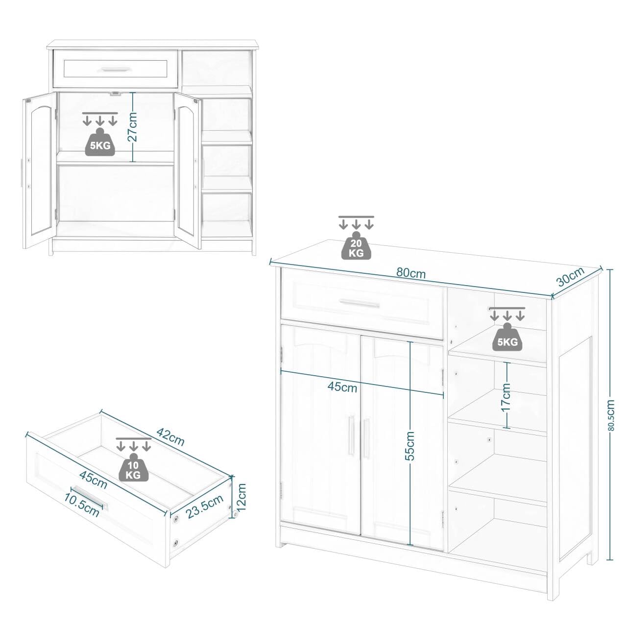 EUGAD Badezimmerschrank, Badschrank schmal, Aufbewahrungsschrank mit 1 Schublade, 2 Türen, verstellbaren Ablagen, Bad Schrank stehend, Kommode Badezimmer, 80x80,5x30 cm, Weiß