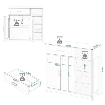 EUGAD Badezimmerschrank, Badschrank schmal, Aufbewahrungsschrank mit 1 Schublade, 2 Türen, verstellbaren Ablagen, Bad Schrank stehend, Kommode Badezimmer, 80x80,5x30 cm, Weiß