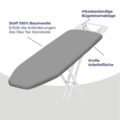STAHLMANN ® Bügelbrett [114x34 Bügelfäche ] mit rutschfesten Füßen – robuster Bügeltisch – extra stabiles Bügelbrett [Made IN EU] – Tischbügelbrett