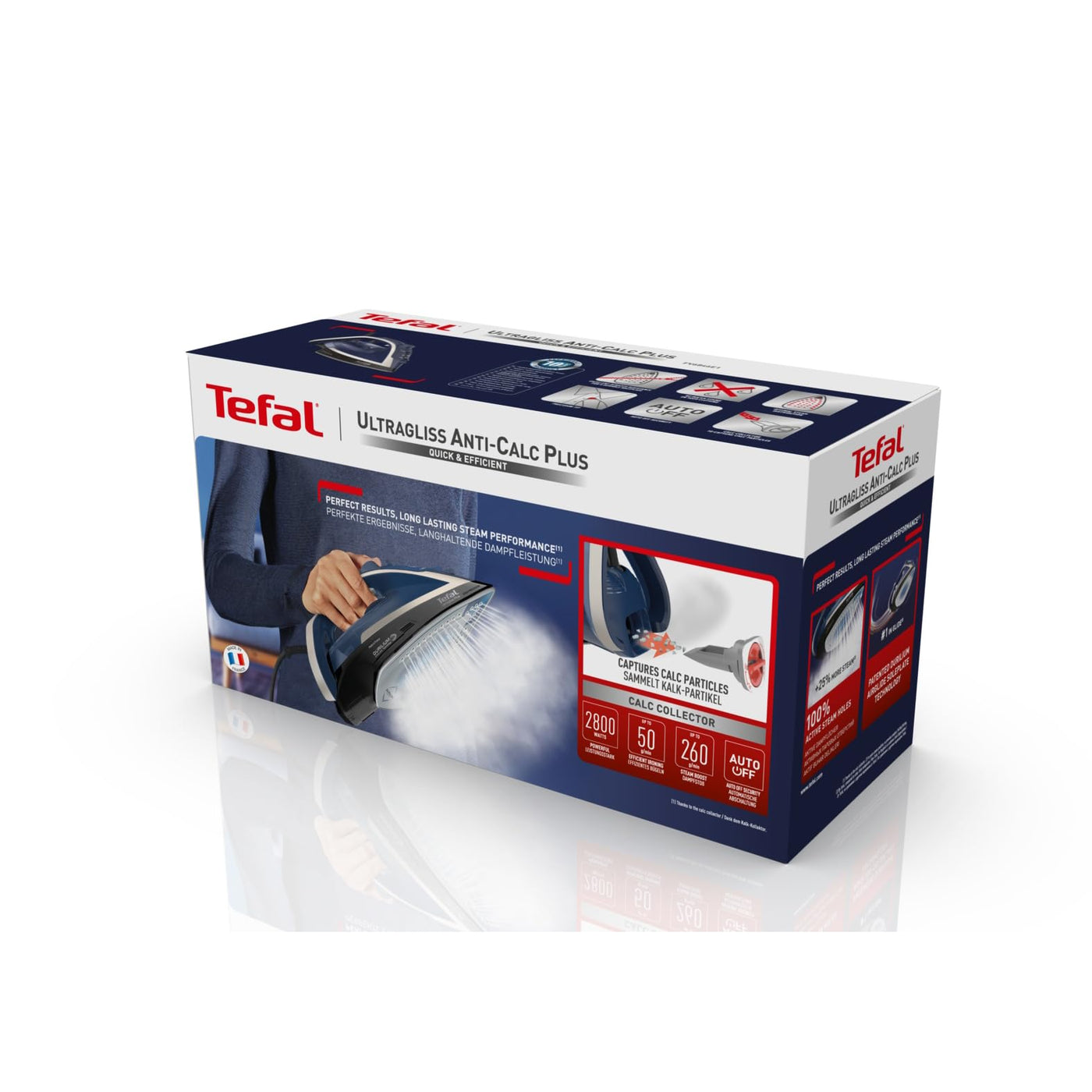 Tefal Ultragliss Plus Anti-Kalk Dampfbügeleisen, 2800 Watt, abnehmbarer Kalk-Kollektor, 50 g/Min. Dampfabgabe, 260 g/Min. Dampfstoß, Abschaltautomatik, Made in France, blau/weiß, FV6846