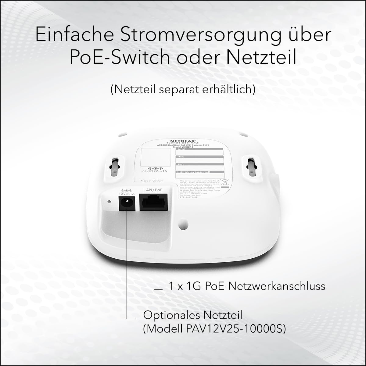NETGEAR Wireless Access Point (WAX210) – WiFi 6-Dualband mit AX1800-Geschwindigkeit 1 x 1G-PoE-Netzwerkanschluss Bis zu 128 Geräte 802.11ax WPA3 | Bis zu 4 SSID-Netzwerke, Netzteil Nicht enthalten
