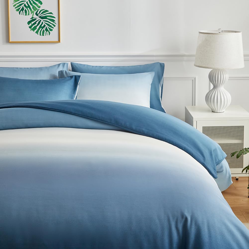 OLDBIAO Bettwäsche 200x200 cm 3er Set (1 Bettbezug 200x200cm + 2 Kissenbezüge 80x80cm), Weiß - Blau Farbverluaf Design, Weich Pflegeleicht Bettdecke Cover aus Mikrofaser Ästhetisch Bettwaren
