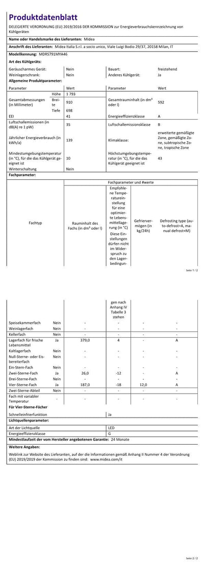 Midea MDRS791MYA46 Side-by-Side Kühl-/Gefrierkombination/No Frost/Inverter Compressor/176,5 cm hoch/379 L Kühlen/213 L Gefrieren/Doppelte Steuerung/SuperCool/LED-Beleuchtung/35dB/Rostfreier Stahl