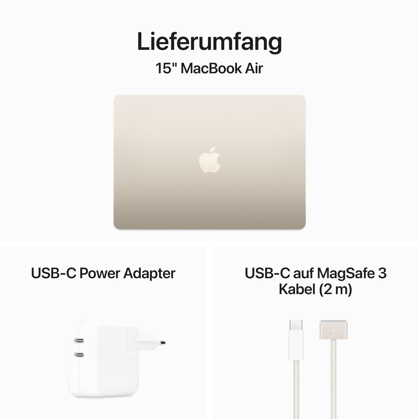 Apple 15" MacBook Air Laptop mit M3 Chip: 15,3" Liquid Retina Display, 16 GB gemeinsamer Arbeitsspeicher, 256 GB SSD Speicher, beleuchtete Tastatur, 1080p FaceTime HD Kamera, Touch ID, Polarstern