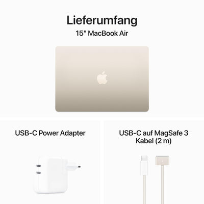 Apple 15" MacBook Air Laptop mit M3 Chip: 15,3" Liquid Retina Display, 16 GB gemeinsamer Arbeitsspeicher, 256 GB SSD Speicher, beleuchtete Tastatur, 1080p FaceTime HD Kamera, Touch ID, Polarstern