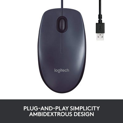 Logitech B100 Maus mit Kabel, USB-Anschluss, 800 DPI Optischer Sensor, 3 Tasten, Für Links- und Rechtshänder, PC/Mac - Schwarz