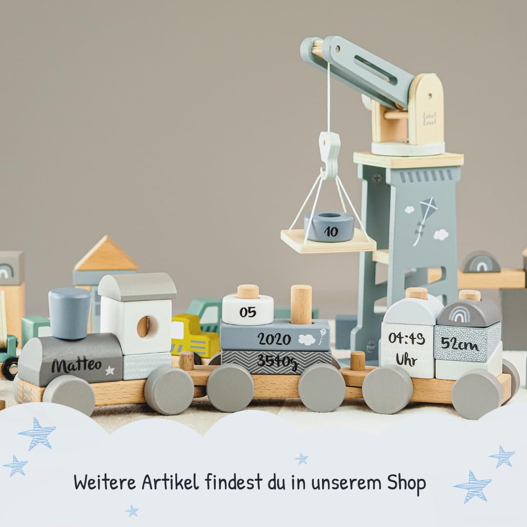 Mainely Personalisierbare Holz-Eisenbahn zur Taufe Blau 41×5×11 cm – Erinnerungs-Deko & Holzzug – für Babys & Kleinkinder – mit Namen personalisiert – Label Label
