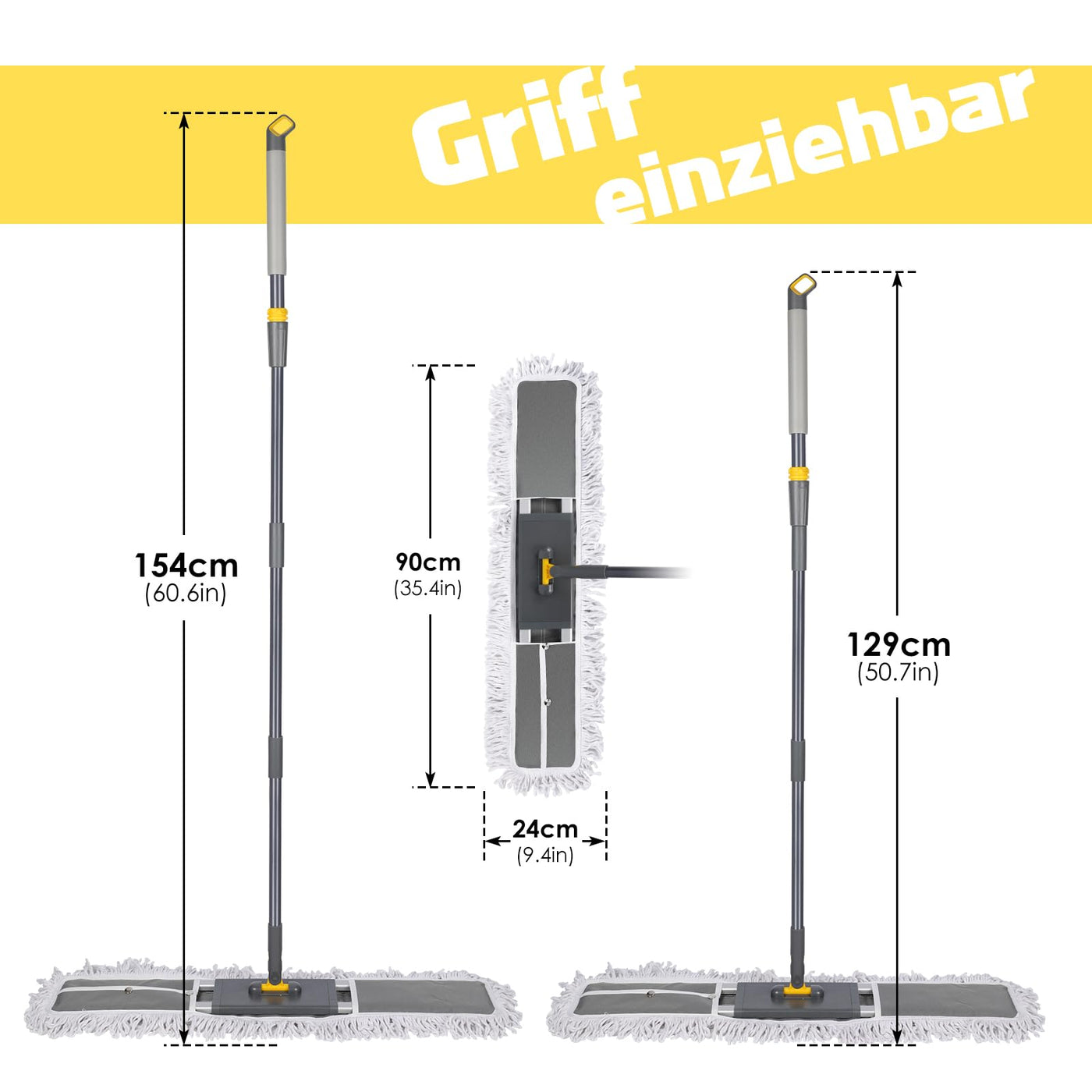HEVOL Bodenwischer 90cm Breit | Wischmopp mit 154cm Edelstahlgriff & 360°Drehkopf | Industrieller Flachmopp für Haushalt, Büro, Hotel, Mall & Garage | Inkl. 1 Baumwollpad + 2 Mikrofaserpads