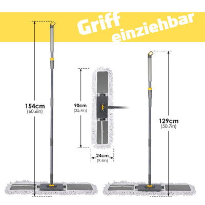HEVOL Bodenwischer 90cm Breit | Wischmopp mit 154cm Edelstahlgriff & 360°Drehkopf | Industrieller Flachmopp für Haushalt, Büro, Hotel, Mall & Garage | Inkl. 1 Baumwollpad + 2 Mikrofaserpads