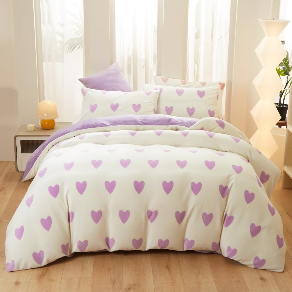 Covebett Winter Bettwäsche Flanell 200x200 Herzen Lila Weiß Warme Biber Plüsch Wende Winterbettwäsche 3teilig, Flauschig Fleece Mädchen Bettbezug und 2 Kissenbezug 80x80 mit Reißverschluss