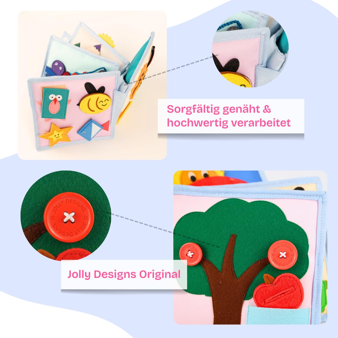 Jolly Designs – Mini Quiet Book Sonnenschein – Montessori Spielzeug ab 18 Monaten – Motorik & Kreativität fördern – Busy Book aus Filz – Handgefertigtes Filzbuch – Perfekt für unterwegs & Reisen