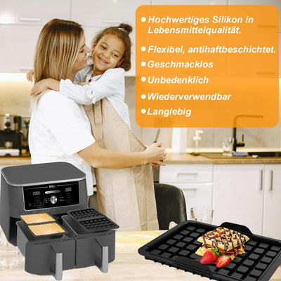 ROMANVIC Ninja Heißluftfritteuse Zubehör,2 Stück Ninja Airfryer Zubehör mit Ninja AF400EU, AF451EU, SL400EU, und AF500DE, Doppelt Backschaleneinsatz aus Silikon, Belgische Waffeleisen Silikon Zubehör
