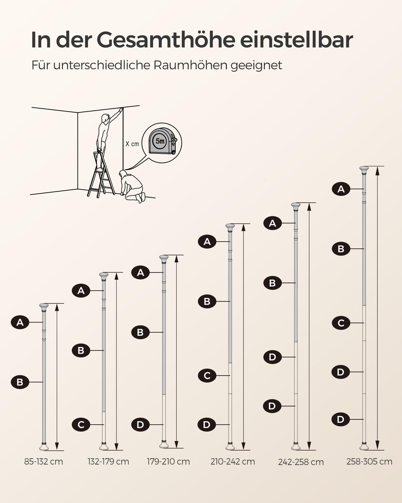 SONGMICS Duschregal, Eckregal Bad, mit 4 Ablagen, Badregal, Gesamthöhe 85-305 cm, höhenverstellbar, Badezimmer-Regal, weiß BCB001A
