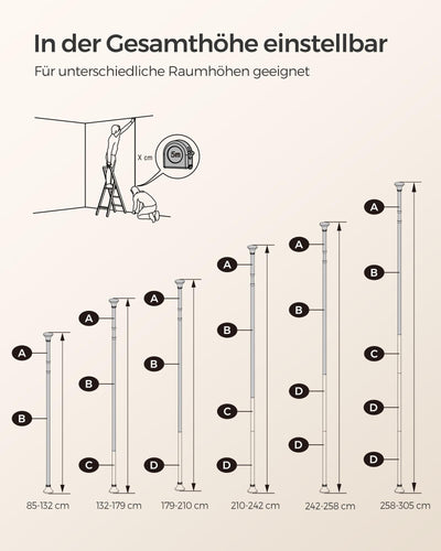 SONGMICS Duschregal, Eckregal Bad, mit 4 Ablagen, Badregal, Gesamthöhe 85-305 cm, höhenverstellbar, Badezimmer-Regal, weiß BCB001A