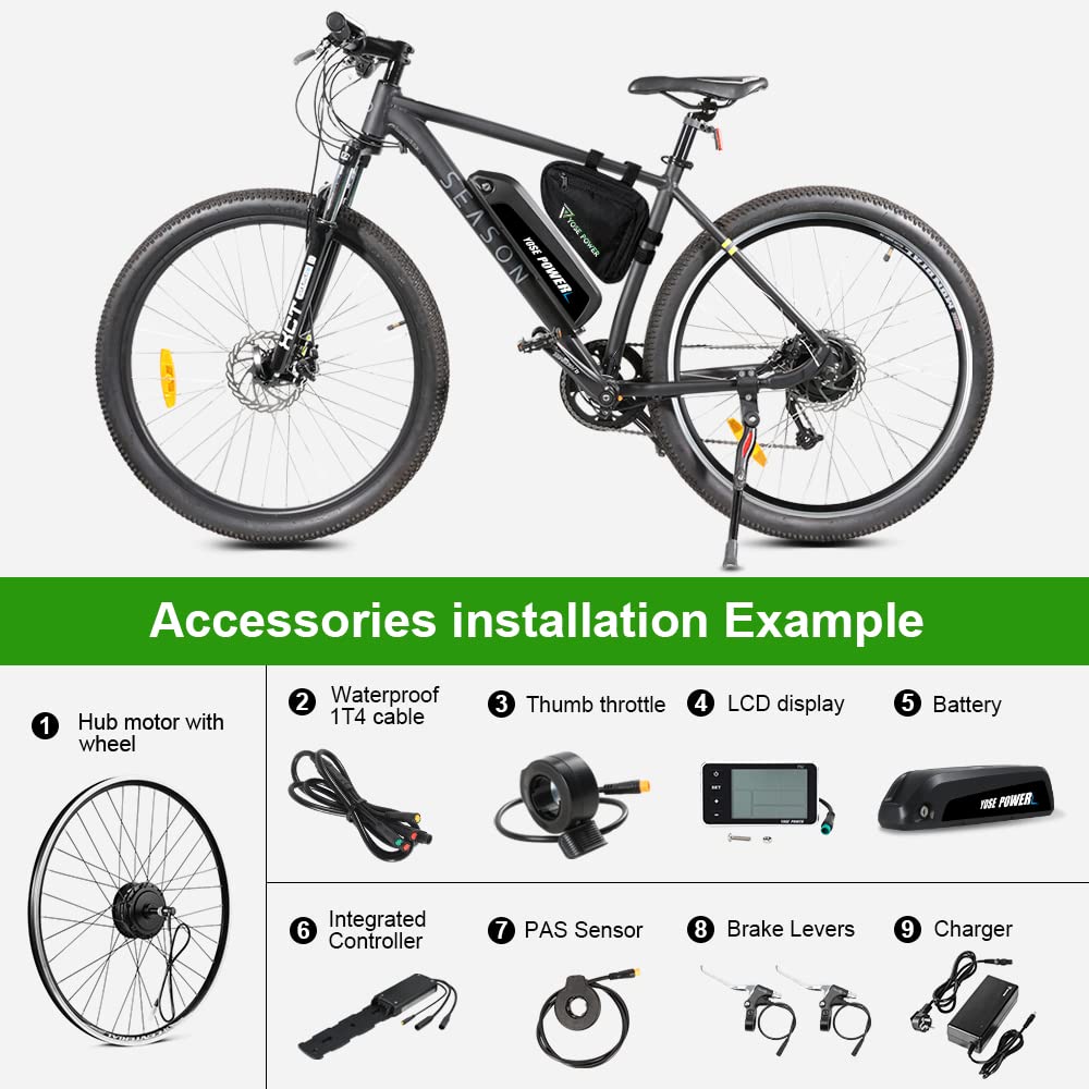 YOSE POWER Ebike Umbausatz 36V250W 28" Heckmoter Elektrofahrrad Conversion Kit für Schraubritzel Freewheel mit Integrierte Controller 36V13Ah Batterie