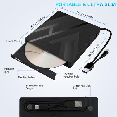 JBonest Externes CD DVD Laufwerk USB 3.0 Typ-C, Extern mit SD/TF-Kartenleser Portable RW Brenner,Schnelle Datenübertragung für Laptop,Desktop,MacBook,Win11/10/8/7/XP, Linux,Mac OS,Vista