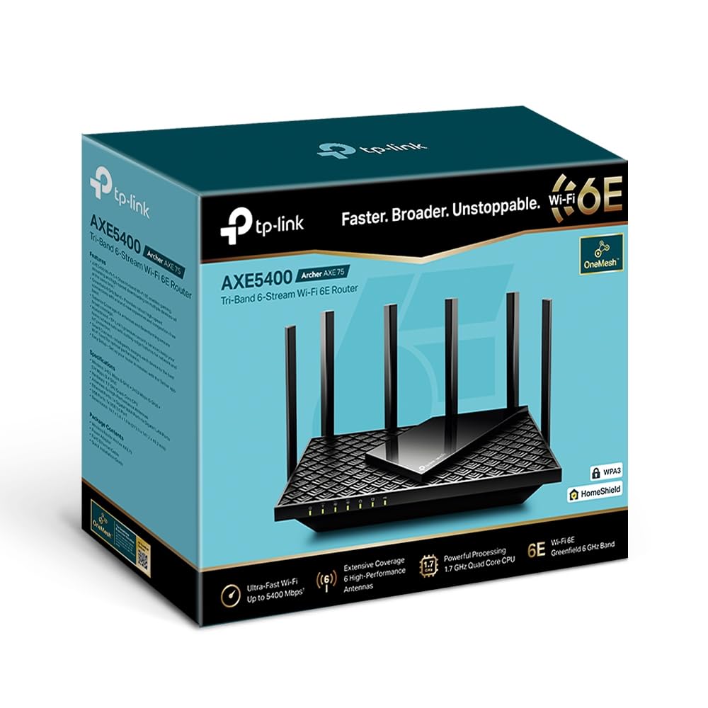 TP-Link Archer AXE75 Wi-Fi 6E WLAN Router (5400 Mbit/s Tri-Band, 4 × Gigabit LAN-Ports, 1 × USB 3.0 Port, WPA3, HomeCare,kompatibel mit Alexa, Tether APP), schwarz